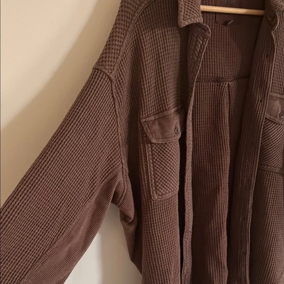 Aerie Anytime Fave Brown Waffle Knit Button-Up Shirt - Picture 6 of 6